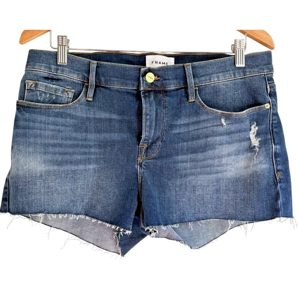 FRAME Le Cutoff Denim Jean Shorts Dark Wash Raw Hem Mid Rise Stretchy Size 28